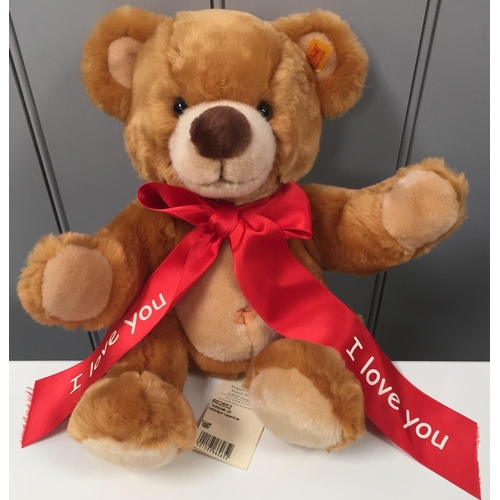 4012 - Steiff 'Valentine' bear.  Soft brown-coloured plush, with accompanying 'I love you' ribbon. Catalogu... 