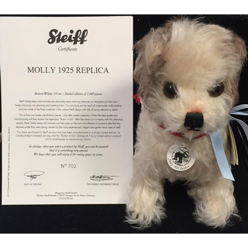 4018 - Steiff 'Molly' Replica 1925 dog. White & brown mohair, with accompanying collar & ribbon, from 2012.... 