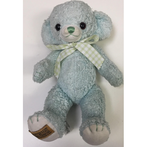 4051 - Merrythought 'Cheeky Baby Turquoise' bear. Turquoise-coloured with accompanying ribbon. Catalogue no... 