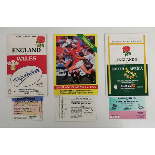 1761 - A collection of five England international rugby programmes & ticket stubs from the 1980's.