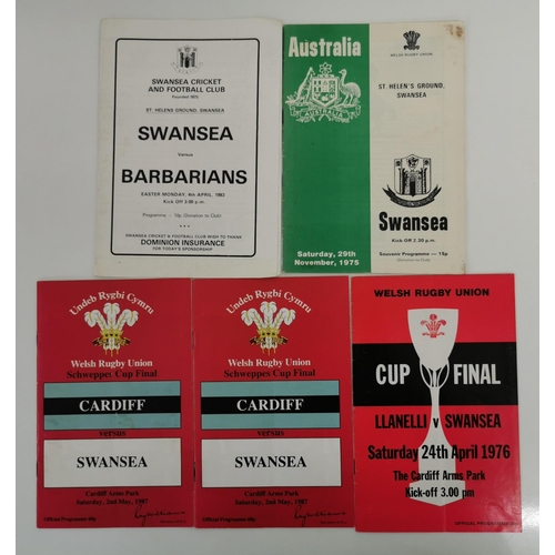 1763 - A collection of nine Swansea rugby programmes with ticket stubs, from the 1970s - 1990s.