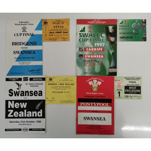 1763 - A collection of nine Swansea rugby programmes with ticket stubs, from the 1970s - 1990s.