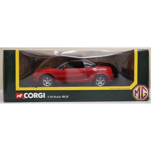 2209 - A boxed, 1:18 scale, Corgi MGF in flame red. Model no.46701.