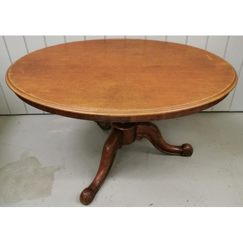 63 - A Victorian, oval tilt-top breakfast table, on tripod pedestal base. Dimensions(cm) H72, W132, D95.