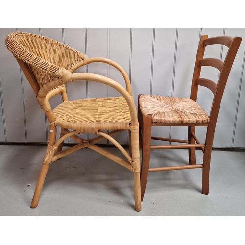 115 - A vintage cane armchair, together with a woven-seat hall chair. Respective dimensions(cm) H85/86(45/... 