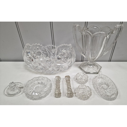 128 - A selection of fifteen pieces of vintage glassware. To include a trophy/planter, cutlery stands etc.