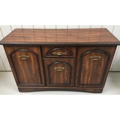 61 - A mahogany-veneered sideboard. Single, central drawer & three cupboards. Dimensions(cm) H79, W122, D... 