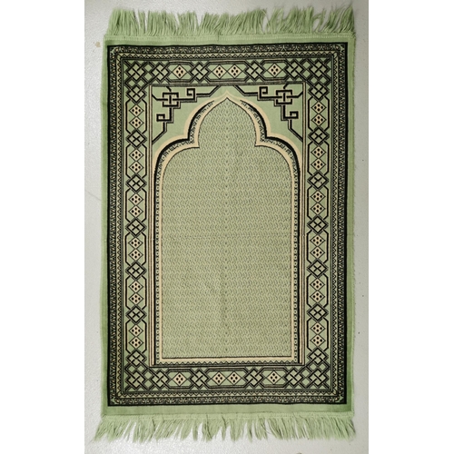 189 - A pale green, silk, Turkish prayer-mat, with a black & beige geometric pattern. Length 103cm, width ... 