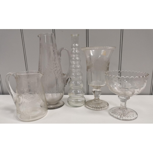 196 - A collection of five items of vintage & Victorian glass tableware. To include four etched examples. ... 