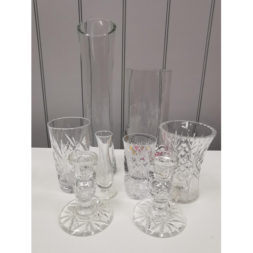 208 - A selection of vintage glassware. To include crystal vases, candleholders etc.