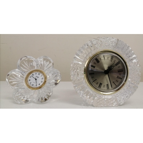 383 - A 'Tyrone Crystal' battery operated clock (10cm diameter) & a 'Concept' quartz flower-design table c... 