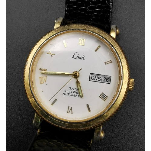 392 - A vintage gentleman's automatic watch, by 'Limit'. 21 jewels, with black leather strap. Tested & app... 