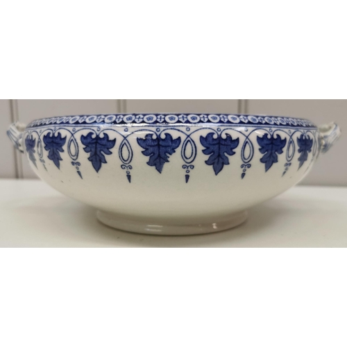 414 - A 'John Tams' blue & white bowl, with intricately patterned handles. Height 8cm, width 25cm.