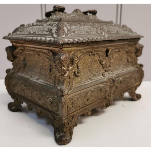 422 - A 19th century, French, brass jewellery casket. No key present. Lid is unhinged from base. Dimension... 