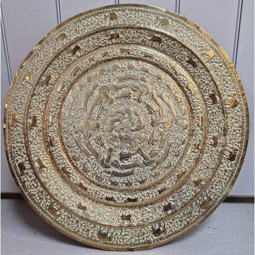 448 - Two vintage, embossed brass (larger) & copper (Smaller) wall plates. Diameters 61cm & 46cm