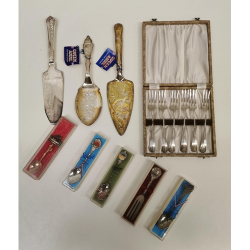 438 - A mixed lot of silver-plated tableware & souvenirs. To include three cake slices, cased dessert fork... 