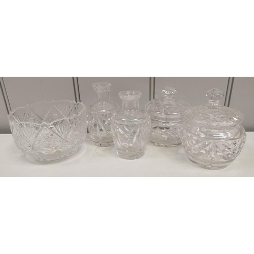 1088 - A selection of five pieces of vintage, decorative glassware. To include lidded bonbon dishes, bud va... 