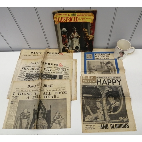 1090 - A selection of original newspapers headlining royal occasions - The Royal Wedding 1981, Queen Elizab... 