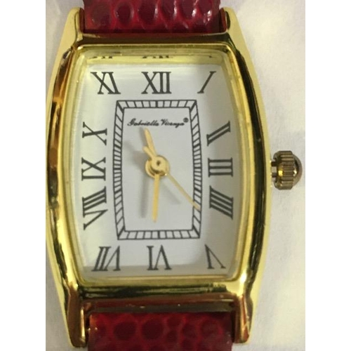 1202 - Three ladies watches, by Gabriella Vicenza (gold coloured, red strap), Le Chat (stainless steel brac... 