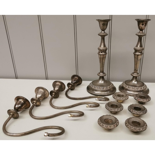 1257 - A collection of silver-plated candlesticks & holders. Tallest item 28cm.