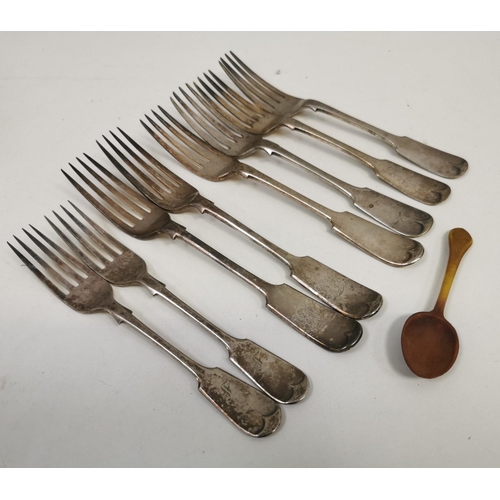 1260 - A selection of eight vintage silver-plated forks & a wooden spoon.