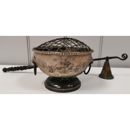 1285 - A silver-plated rose bowl (diameter 14cm), together with an antique candle snuffer (length 40cm).