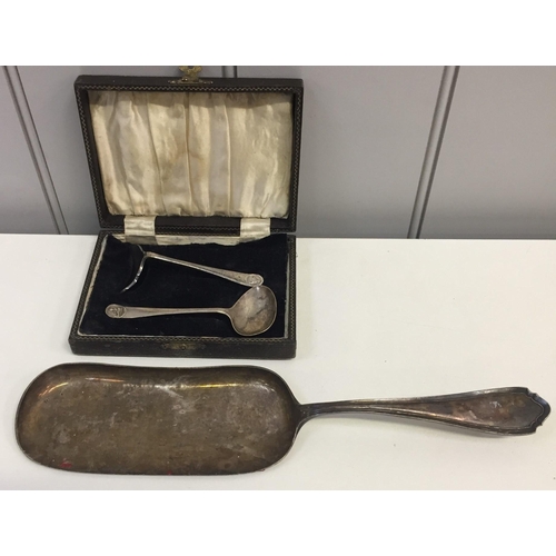 1292 - A boxed, silver-plated christening set (spoon & pusher), together with a silver-plated crumber.