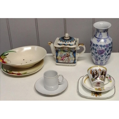 1377 - A selection of mixed ceramics. To include a three-piece commemorative tea set (1910-1935 King George... 