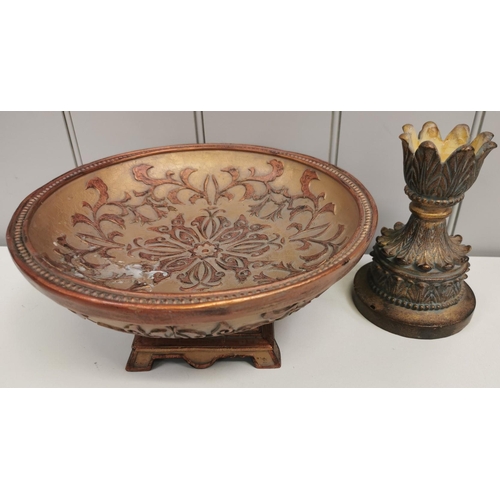 1482 - A decorative fruit bowl, together with an antique candleholder. Respective dimensions(cm) H14/19, W3... 