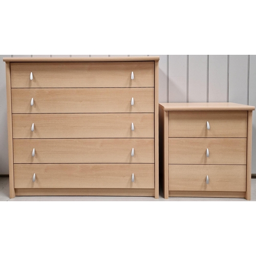 27 - A matching pair of beech coloured bedroom drawers. To include a tall five drawer example & a short t... 