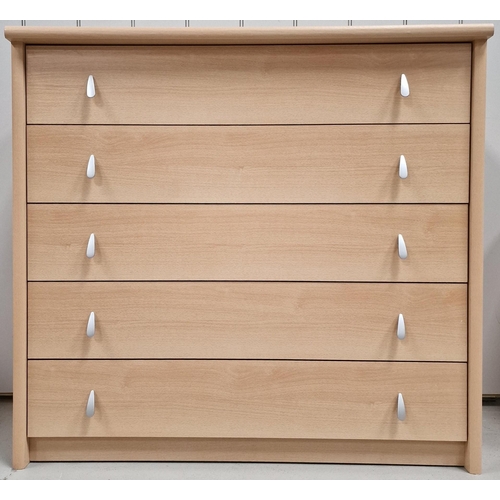 27 - A matching pair of beech coloured bedroom drawers. To include a tall five drawer example & a short t... 