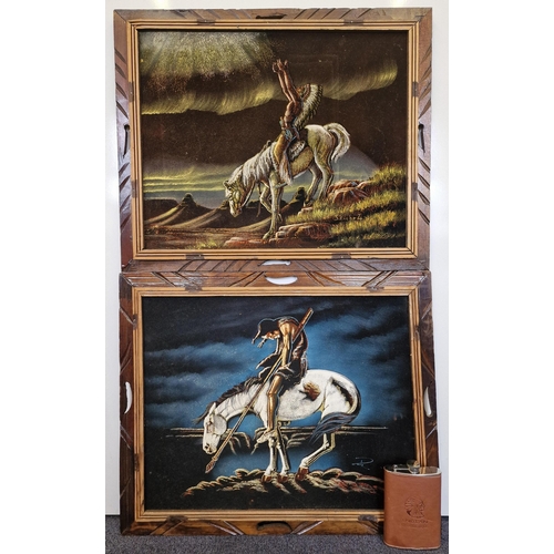 293 - A pair of native American, framed velvet canvasses, together with a hip flask. Framed dimensions(cm)... 