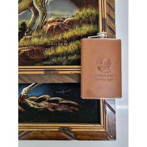 293 - A pair of native American, framed velvet canvasses, together with a hip flask. Framed dimensions(cm)... 