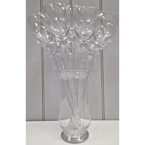 248 - A set of long stem party wine glasses with vase holder. To include a total of twelve glasses, engrav... 