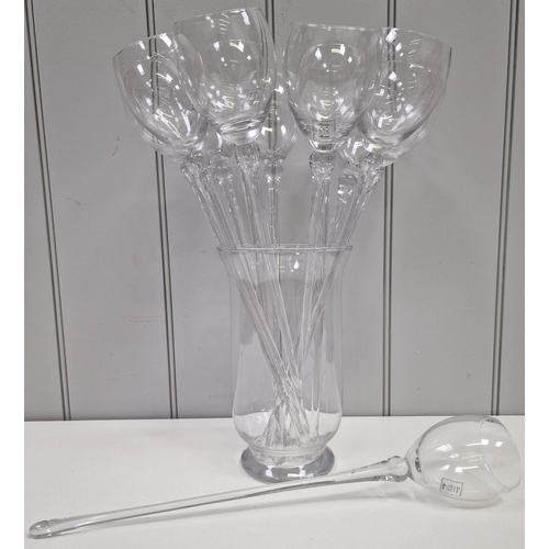 248 - A set of long stem party wine glasses with vase holder. To include a total of twelve glasses, engrav... 