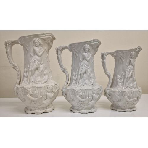 466 - A trio of mid nineteenth century, graduated, relief-moulded jugs, by Charles Meigh & Co., in the Amp... 