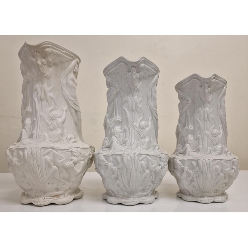 466 - A trio of mid nineteenth century, graduated, relief-moulded jugs, by Charles Meigh & Co., in the Amp... 