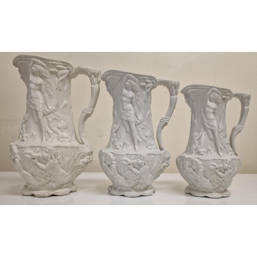 466 - A trio of mid nineteenth century, graduated, relief-moulded jugs, by Charles Meigh & Co., in the Amp... 