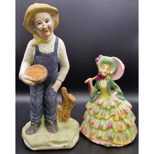 472 - An 'old man framer' figurine, together with a shorter lady with parasol. Respective heights 20cm/14c... 