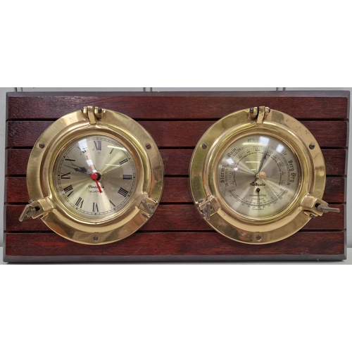 390 - A contemporary, mounted brass, ship's-style clock & barometer. Battery powered. Untested.
Dimensions... 