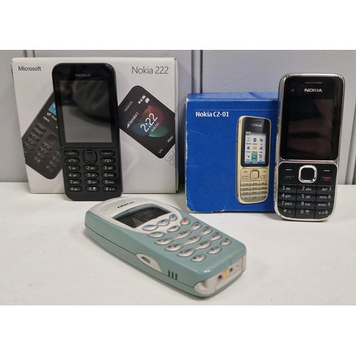 1565 - A selection of early 'Nokia' mobile phones. Models 3410, 222 (with box) & C2.01 (with box). Untested... 