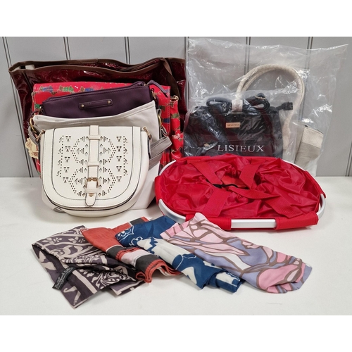 1445 - A collection of eight handbags & four silk scarves. Appear unused/unworn.