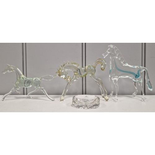 127 - A collection of three vintage art-glass horse figures, together with a small cut-glass trinket dish ... 