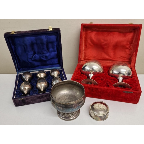 437 - A collection of vintage metalware. To include two cased sets of goblets etc.