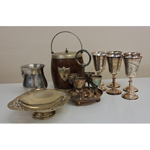 444 - A mixed lot of vintage tableware. To include a set of six goblets, ice bucket, pewter tankard, egg c... 