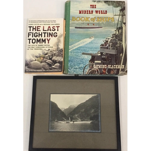 1118 - A framed picture of a research vessel at Hyen, Nordfjord in 1912, together with two military books.