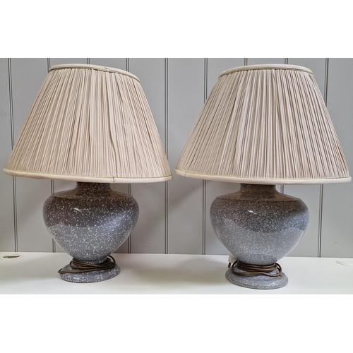 64 - A pair of speckled-grey table lamps, with pleated shades, by 'Aimbry Lighting'. PAT test pass & func... 