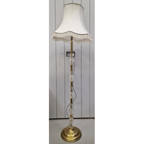 65 - A vintage brass floor lamp, with cut glass adornments to stem. Complete with two shades. PAT test pa... 