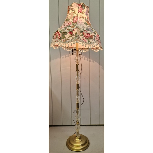 65 - A vintage brass floor lamp, with cut glass adornments to stem. Complete with two shades. PAT test pa... 