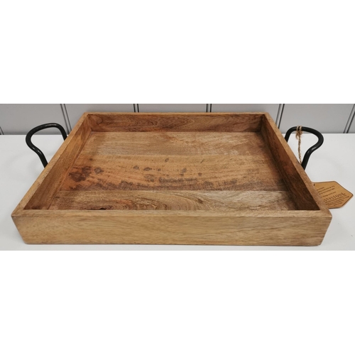 90 - A new/unused mango wood bar tray with iron handles, by 'Thirstystone'.